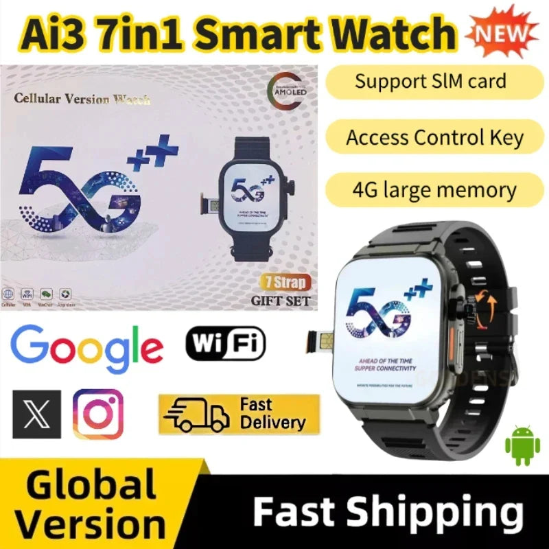 New 5G Smartwatch Ultra Ai3 Android 180° Rotating Camera 4G sim card Call Google Play GPS WIFI Amoled HD Display Smart Watch Men