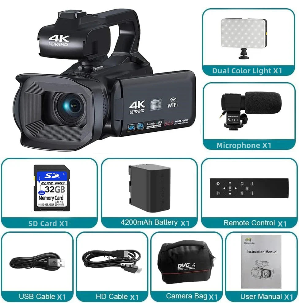 64MP 4K UHD Camcorder 18X Zoom Vlog Digital Video Camera WIFI Webcam For Youtube Livestreaming 4.0 270° Rotative Touch Screen