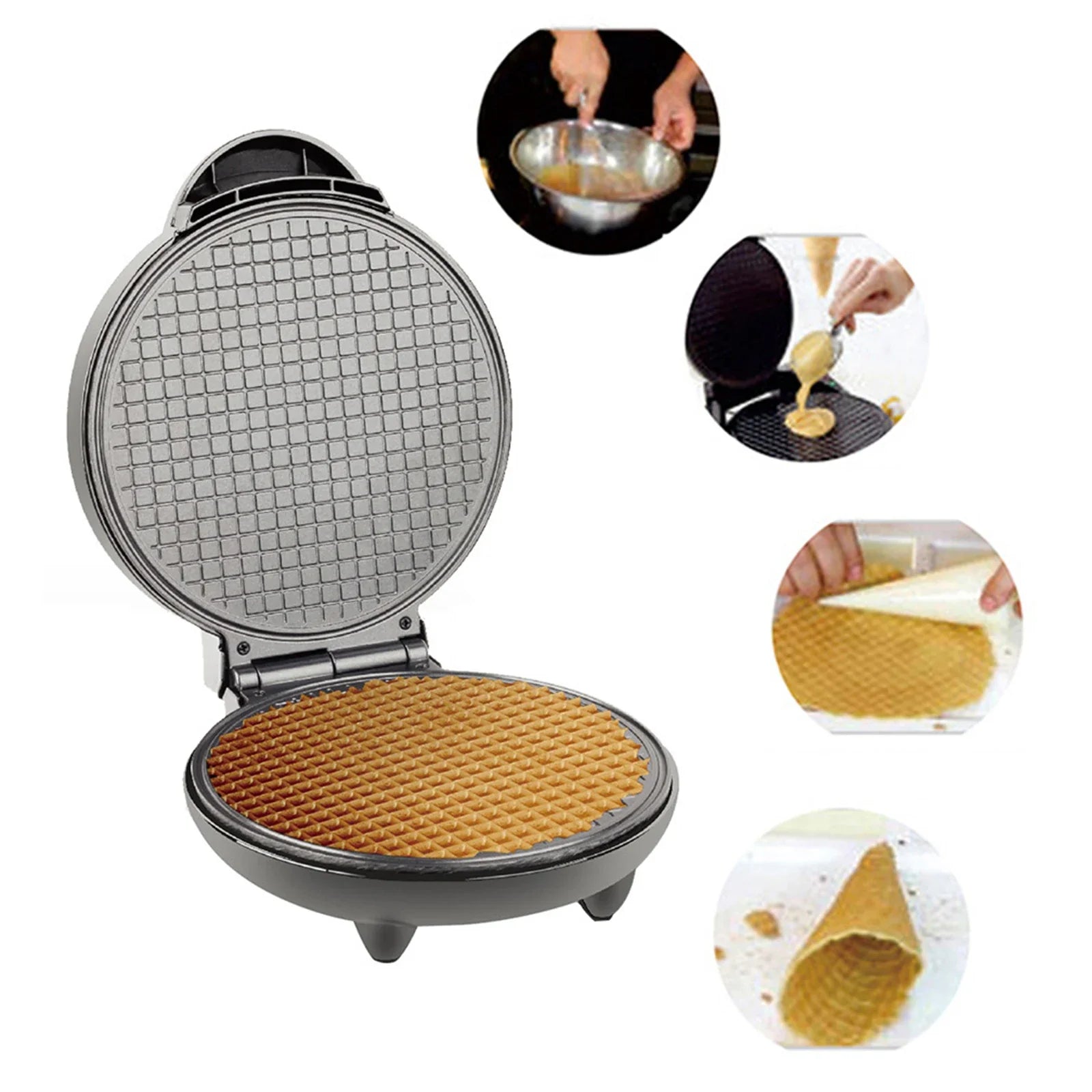 Electric Ice Cream Cone Maker Multi-function Breakfast Machine 1200W Waffle Maker Nonstick Baking Iron Machine Stainless Steel