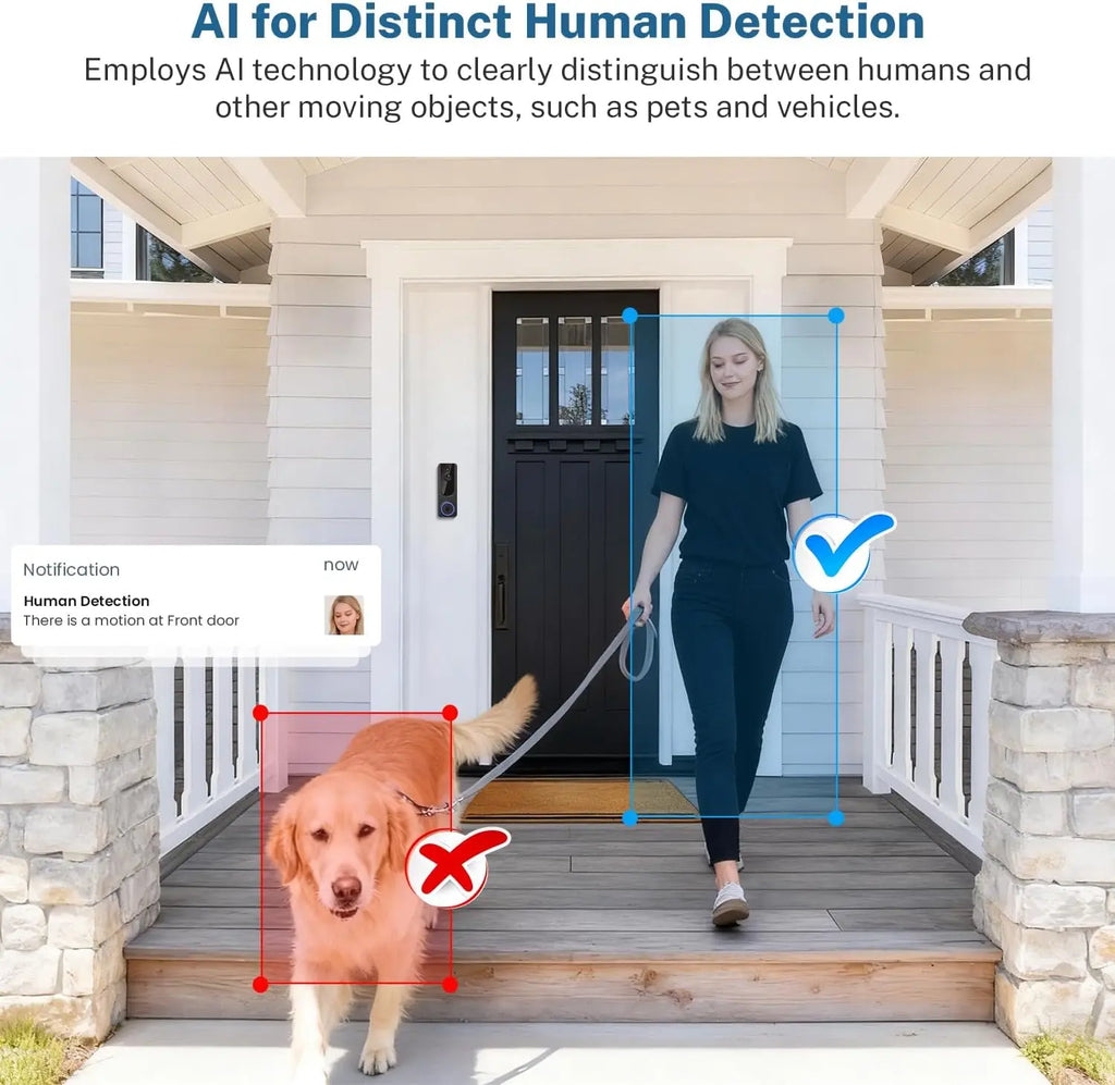 Wireless Doorbell Camera with Indoor Receiver, AI Detection, 2-Way Talk, Night Vision
