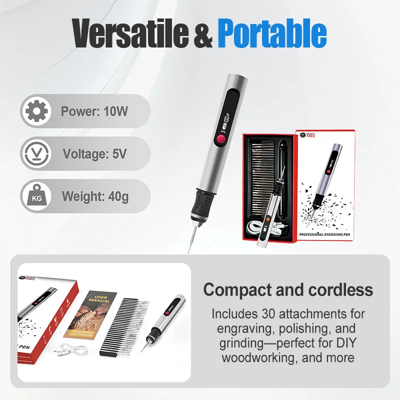 32PCS Multifunctional Electric Engraving Pen Kit USB Cordless Electric Polisher Lithium Battery Carving Pen for Metal Glass Nail