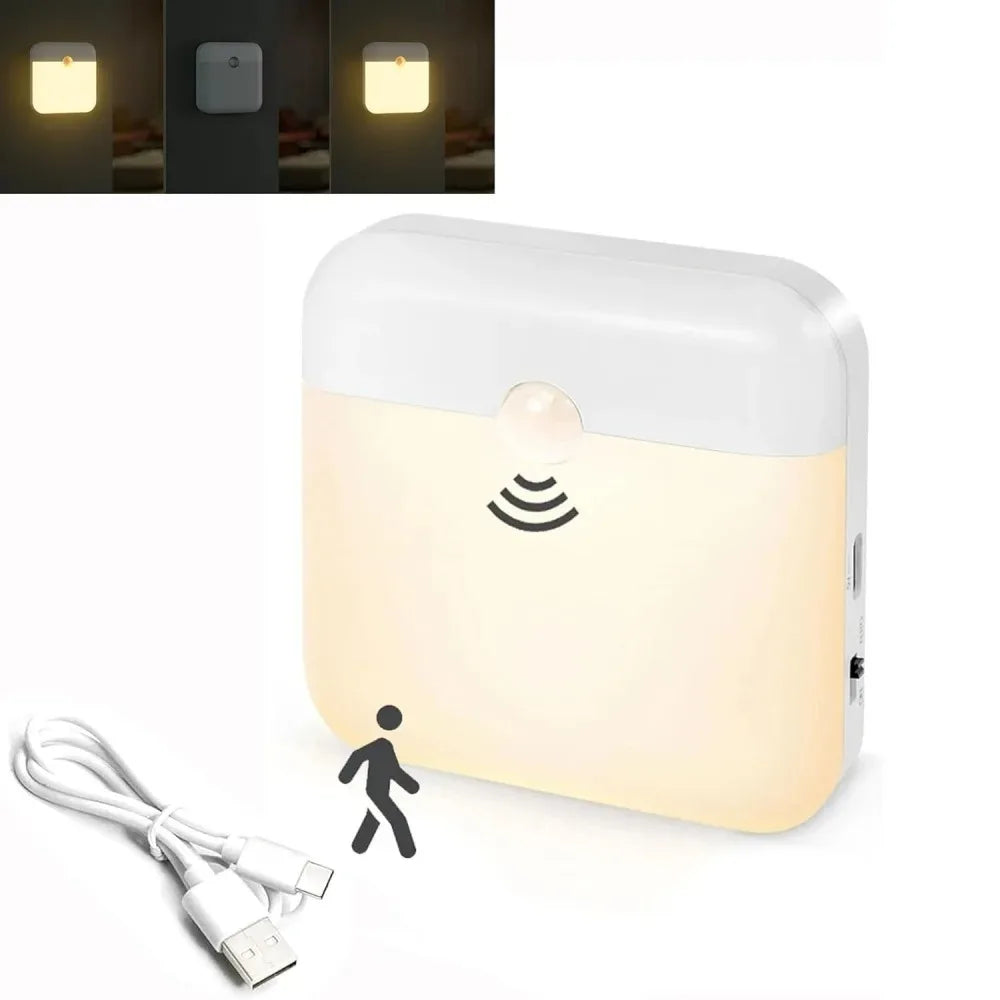 PIR Motion Sensor LED Night Light USB Rechargeable Withswitch Night Lamp for Bedroom Kitchen Cabinet Light Wireless Closet Light