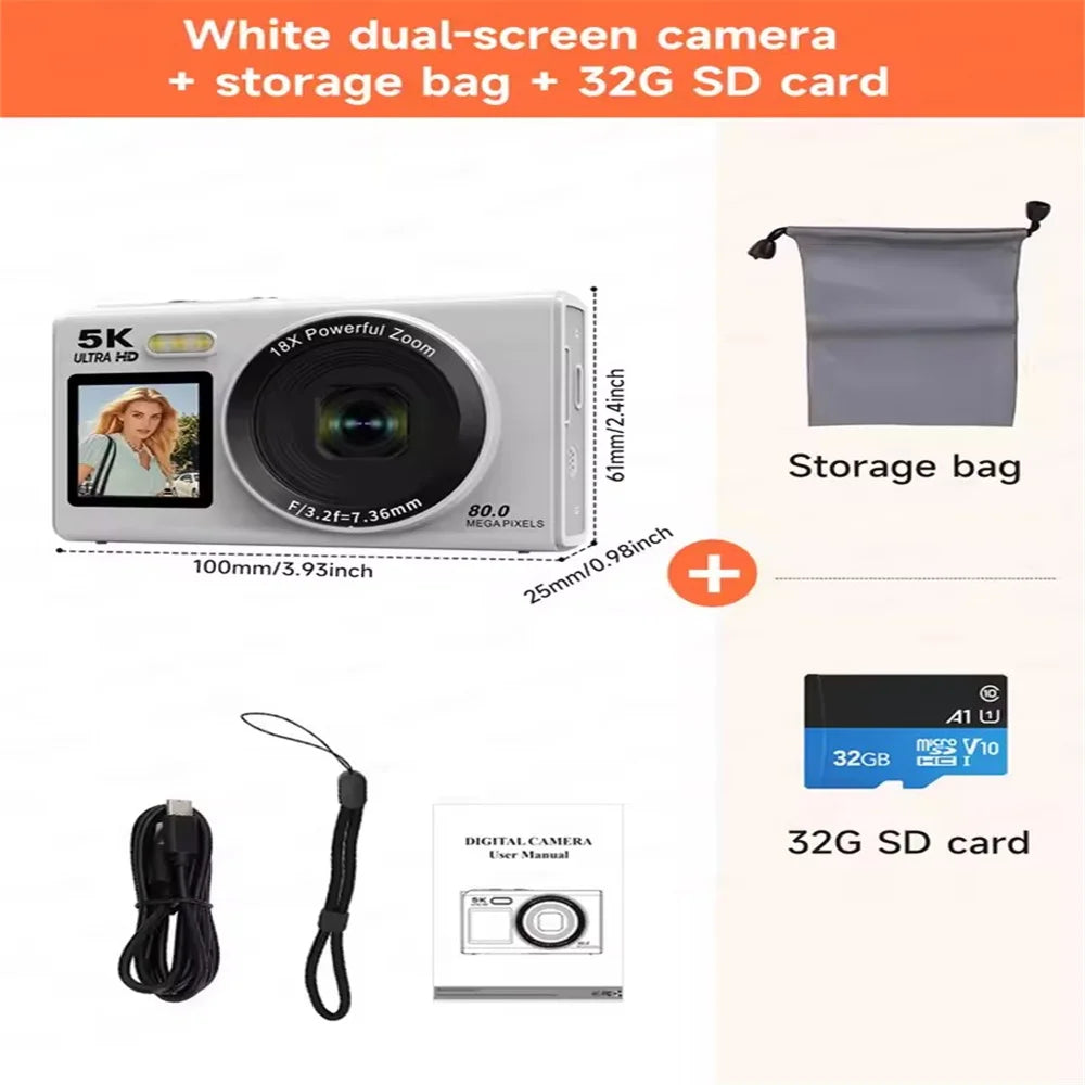 5K Dual Screen Digital Camera 80MP Retro CCD Photographic Cameras 8000W Pixel Auto Focus with 18x Zoom for Kid Adult Photography