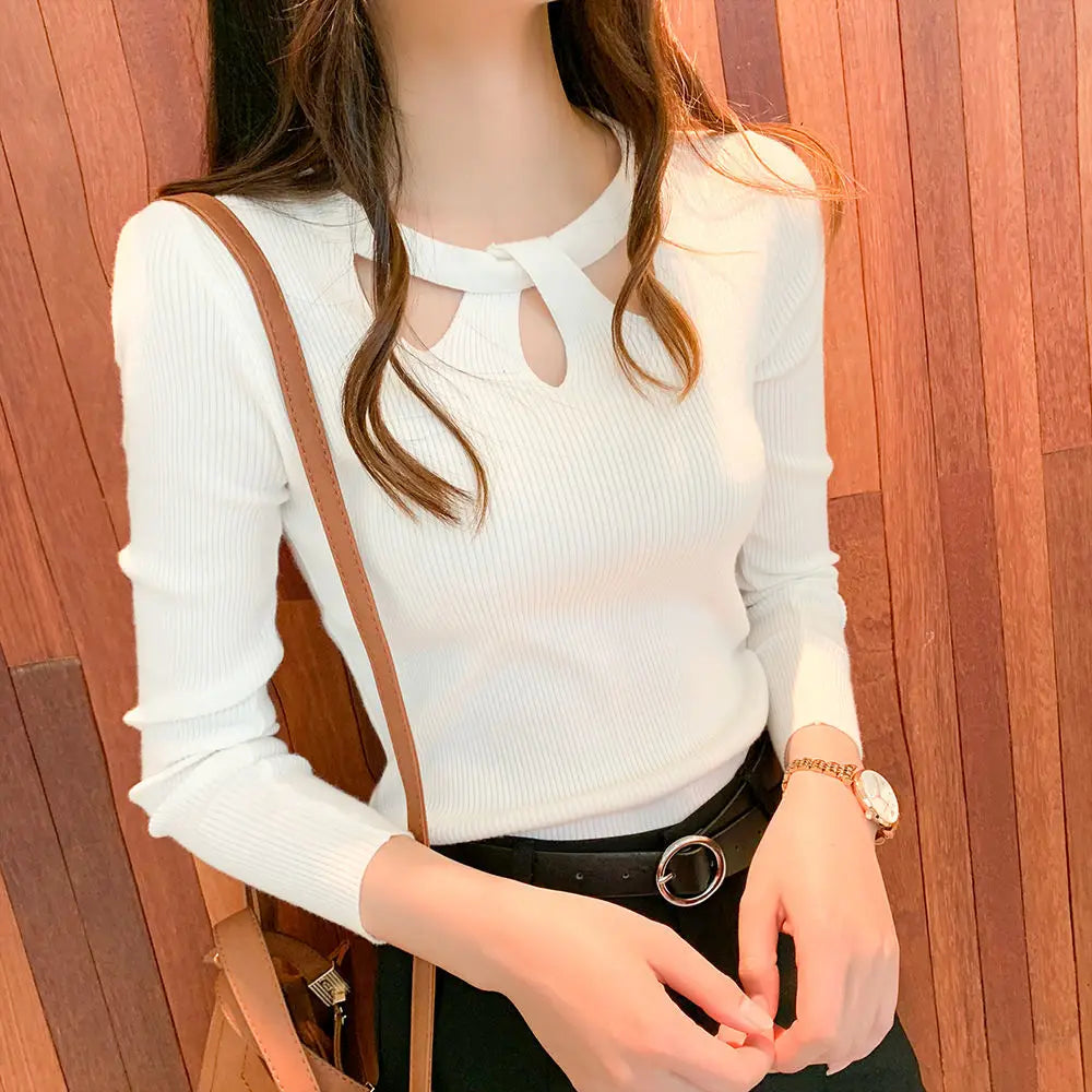 O-neck Stretch Sexy Pullover  Hollow Solid Color Sweater