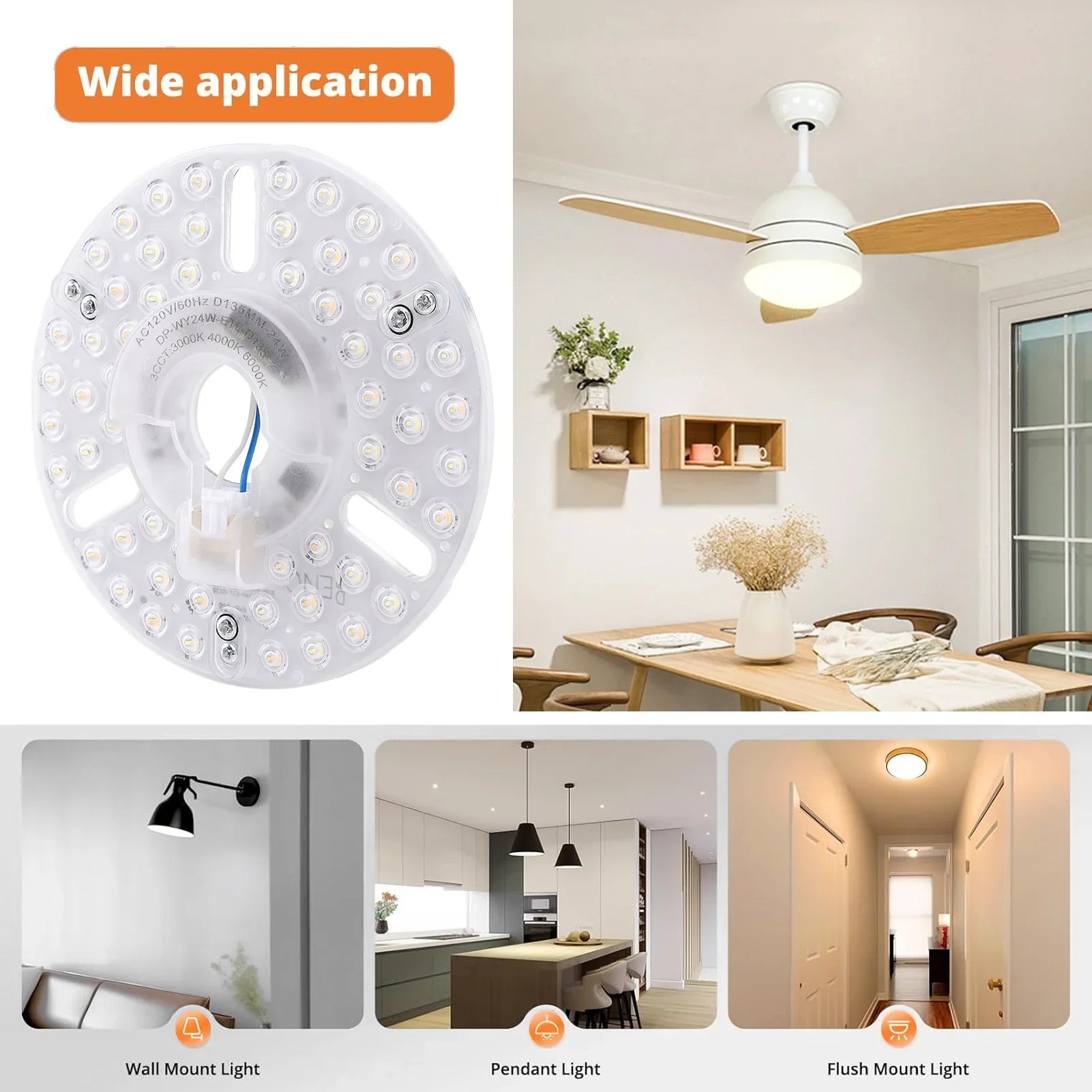 5.3 Inch Ceiling Fan LED Light Replacement 24W 3CCT Dimmable Magnetic LED Fan Light Board Panel Retrofit Light with Memory