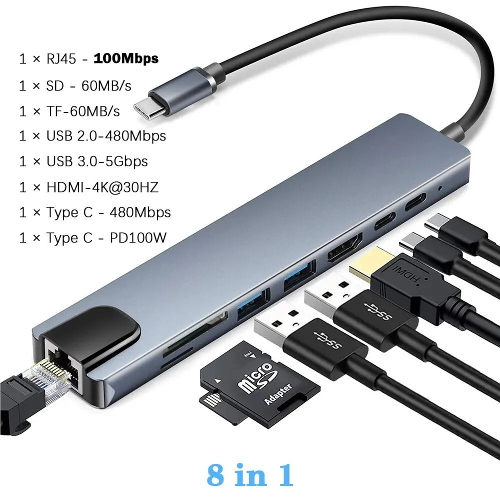 USB 3.0 Type C HUB USB C Docking Station to HDMI 4K 30HZ Type C to RJ45 100Mbps Ethernet Adapter VGA Extender Headphone PD 100W