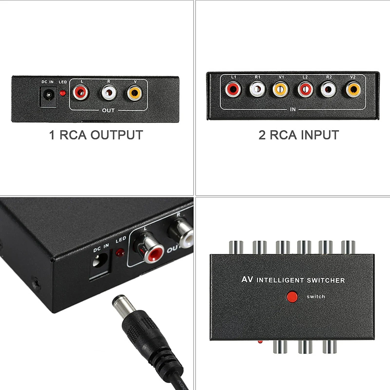 Portable AV Intelligent Switcher 2 to 1 Channel RCA Audio Video Switcher with Button Control Support Auto / Manual Control