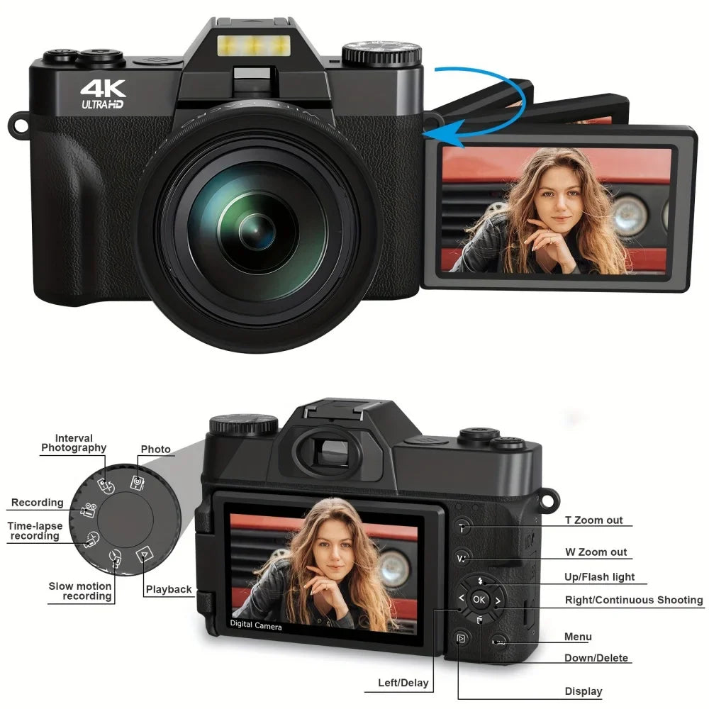 Flip Screen 16X 56MP Digital Camera For Photography Video Recording 4K Vlog Camcorder Youtube Livestreaming Wifi Webcam Selfier