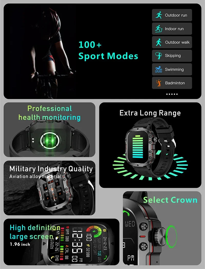 2025 New Military Smart Watch Men IP68 5ATM Outdoor Sports Fitness Tracker Health Monitor 1.81Inch BT Call Smartwatch For Men