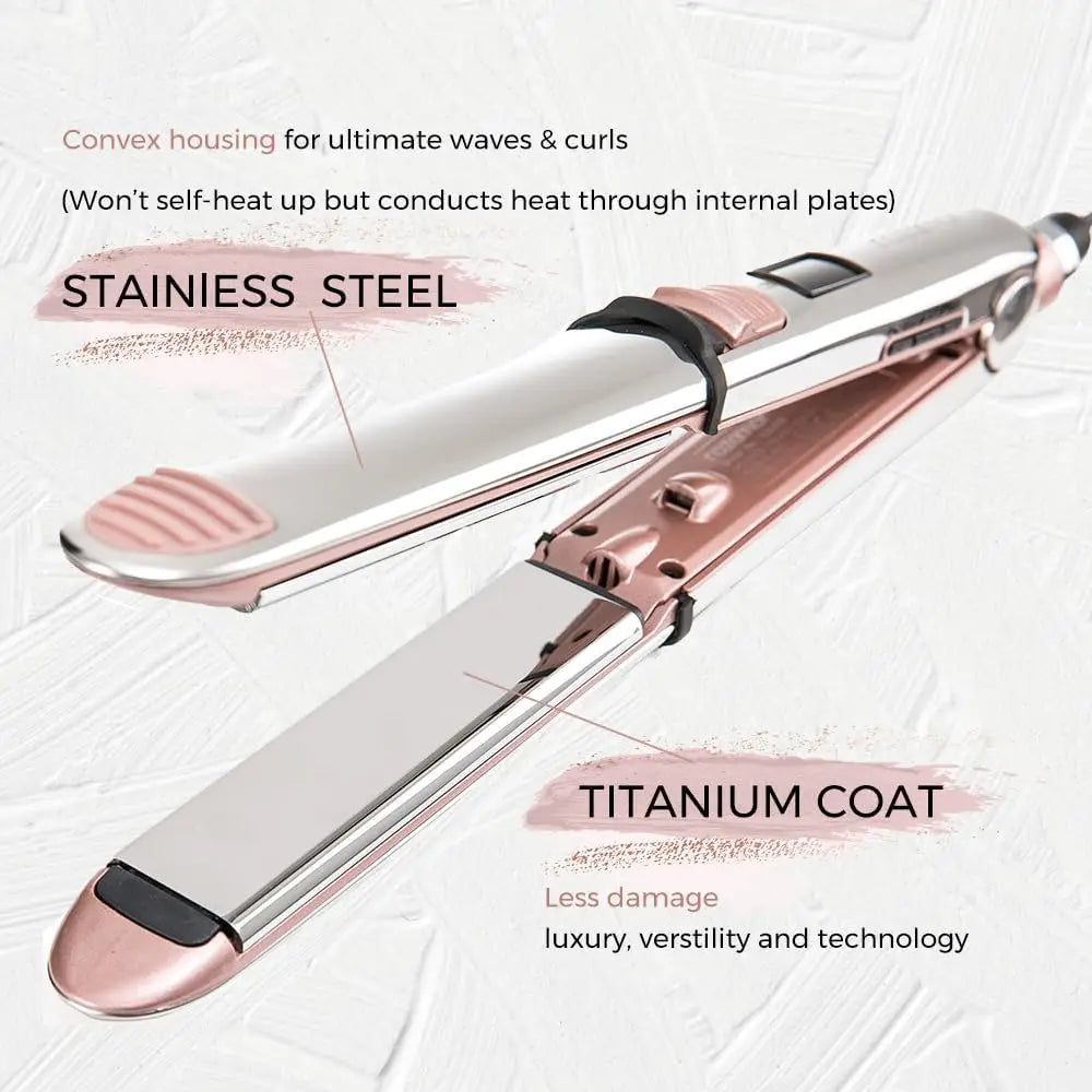 2-in-1 Titanium Ionic Flat Iron, Professional Hair Straightener & Curler, Fast Heating, Dual Voltage, Pink