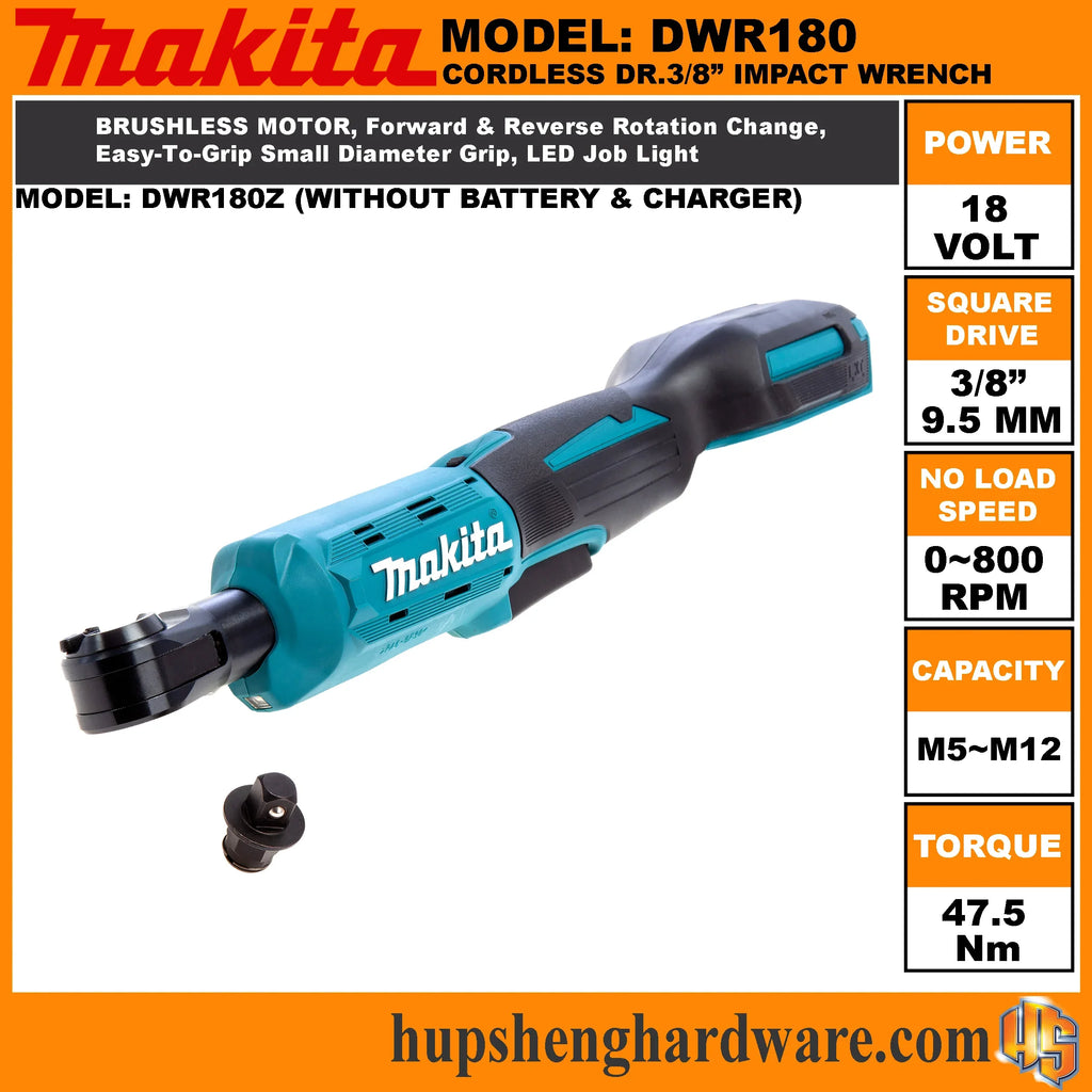 MAKITA DWR180Z 18V Cordless Ratchet Wrench 6.35mm Drive High-Torque 47.5 N·m Angle Socket Tool for Industrial & Auto Use