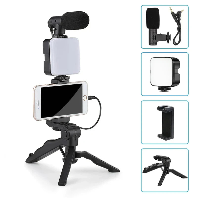 Smartphone Vlogging Kit With Tripod Phone Holder Mini Microphone LED Fill Light Starter For Live Stream Video YouTube