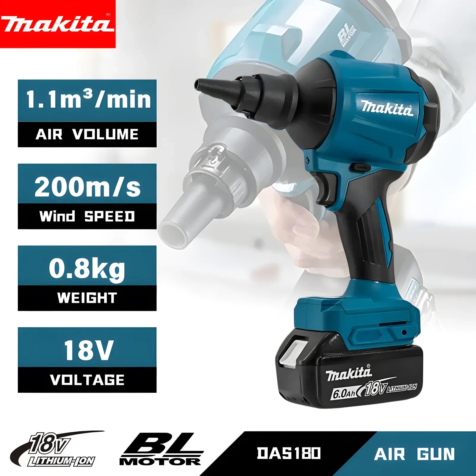 Makita DAS180 Brushless Air Blower Cordless Air Dust Removal Gun with Nozzle 18V Multifunction Dusting Machine Inflator Tool