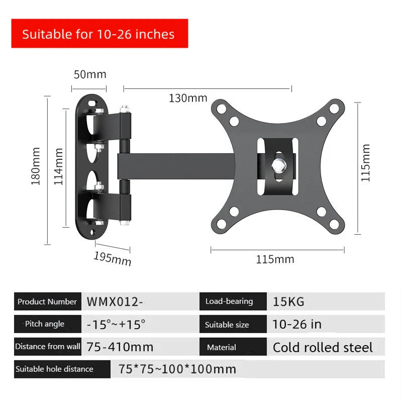 Adjustable TV Mounts Wall Mount Bracket Supports 10"-26" LED/LCD TVS,Holds Up to 15kg, VESA 100*100, Home Office Use TV Stand