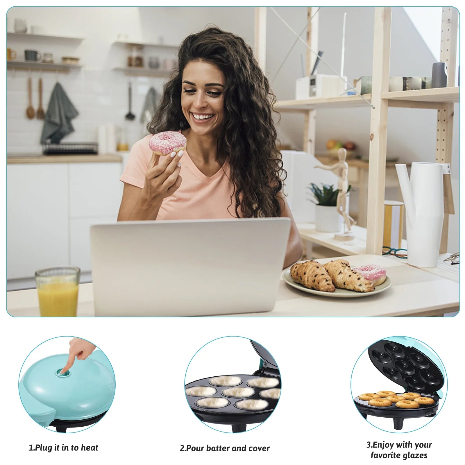 Donut Maker Machine 700W Double-sided Heating Non-stick Coating 7 Doughnuts Electric Donut Maker Machine for Breakfast Dessert