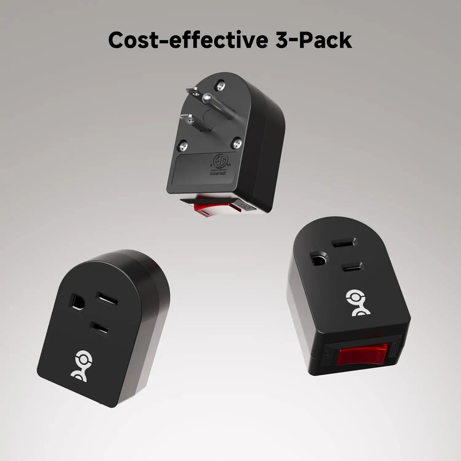 3-Pack Grounded Outlet Switch with On/Off Button, Black - Safe Energy-Saving Adapter