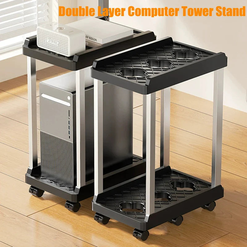Double Layer Computer Tower Stand Mobile Base with Universal Wheels Simple Storage Heightening Case Support Bracket PC CPU Stand