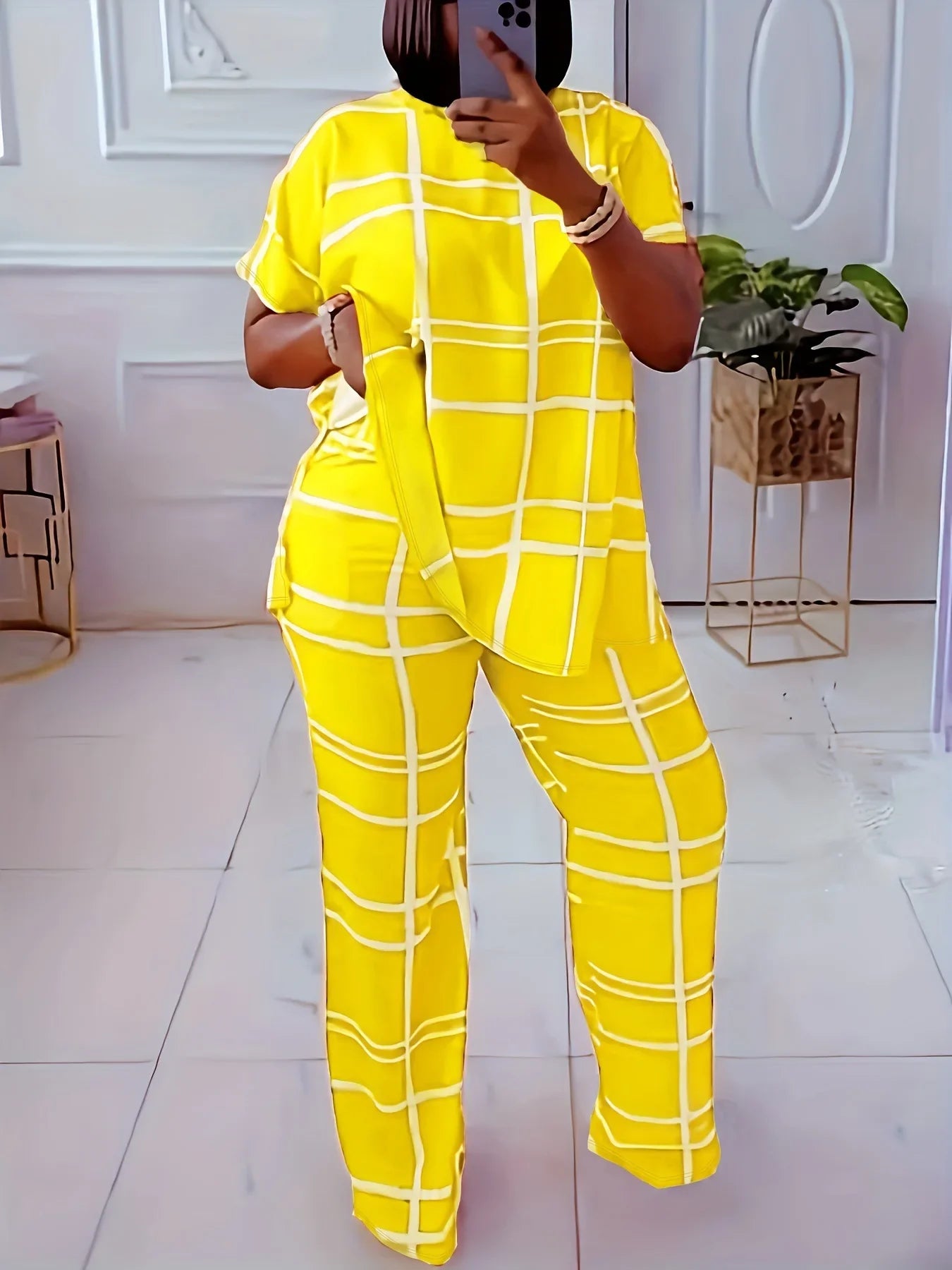 Elements Striped Grid Printed Casual Round Neck  Two Piece Set