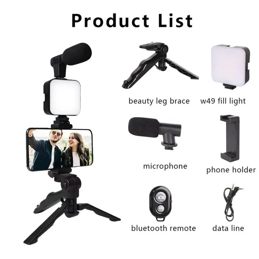 Smartphone Vlogging Kit With Tripod Phone Holder Mini Microphone LED Fill Light Starter For TikTok Live Stream Video YouTube