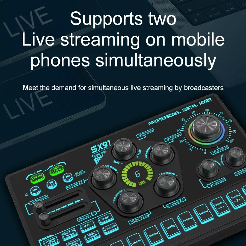 SX91 48V Audio Mixer with Voice changer,Podcast Mixer,Sound Card for Phone Gaming Karaoke Studio Live Streaming Podcast