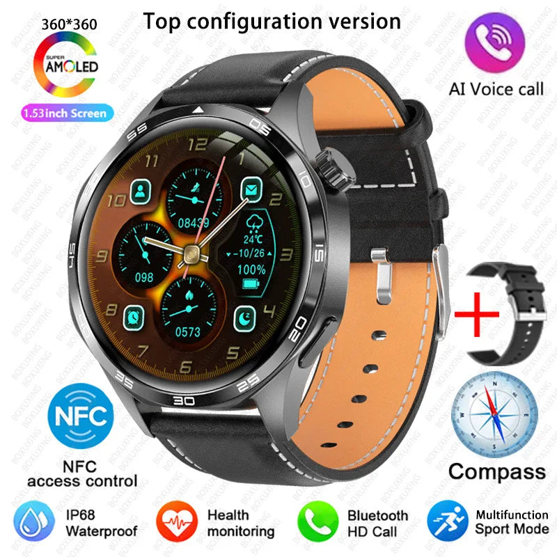 BOXUXING 2026 New Smart Watch Men Watch 5 Pro AMOLED HD Screen Bluetooth Call GPS Trajectory NFC Heart Rate Compass SmartWatches