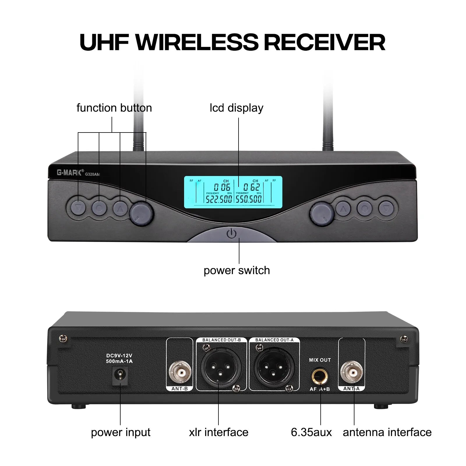 Wireless Microphone G-MARK G320AM Professional UHF 2 Channels Karaoke Mic Handheld Automatic Frequency Adjustable 100M