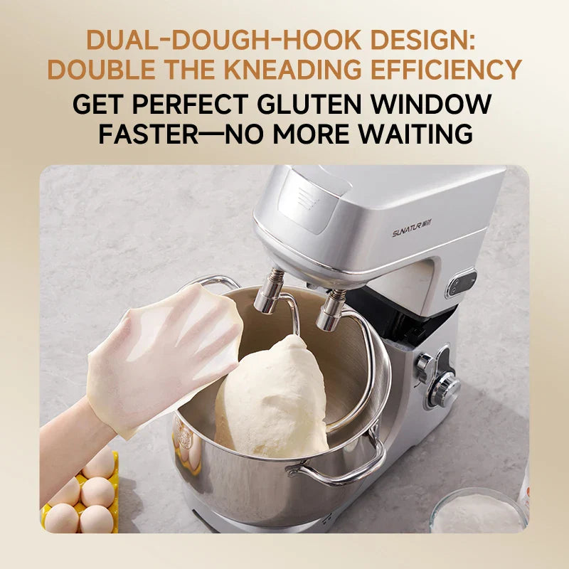 SUNATUR 10L Stand Mixer 1000W DC Quiet Dough Mixer Dual 304 Hooks 6 Speed Electric Food Mixer for Home Commercial