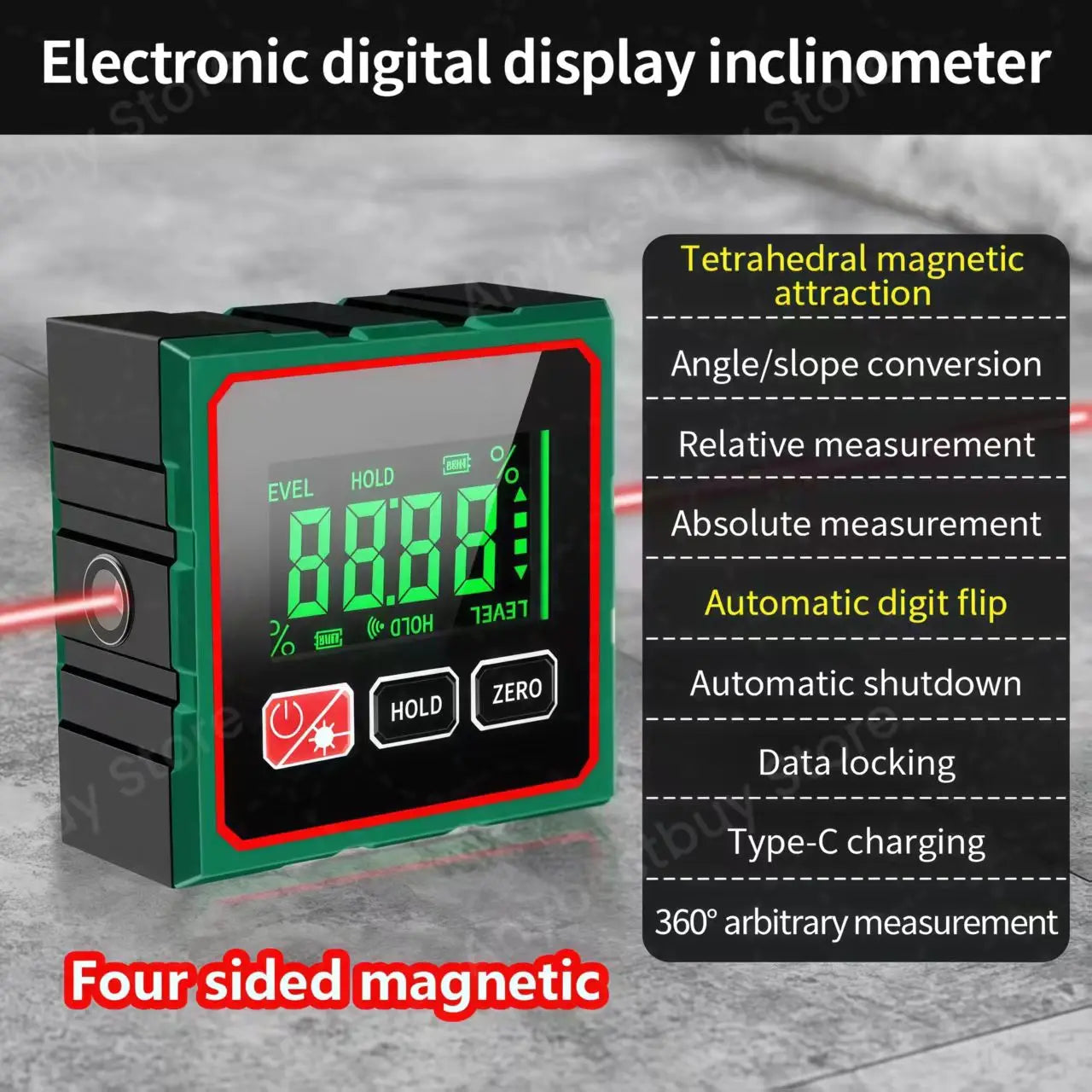 4-Sided Magnetic Electronic Inclinometer Digital Display Tilt Angle Gauge Portable High-precision Measurement Laser Level Ruler