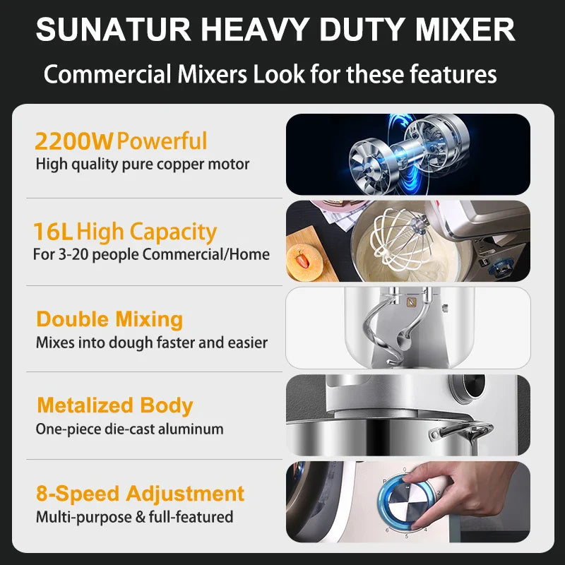 SUNATUR 16L Stand Mixer 2200w electric kitchen blender Commercial Food processor Large capacity Two kneading hooks dough mixer
