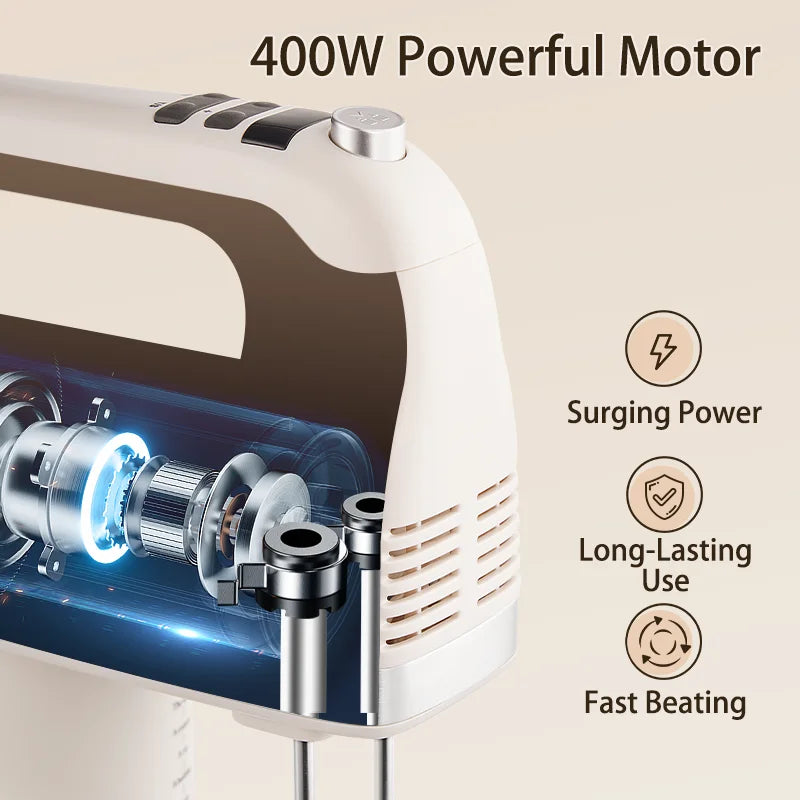 SUNATUR 400W DC Hand Mixer Electric Speed Control 304 Stainless Steel 6 Rods Set with Storage Base