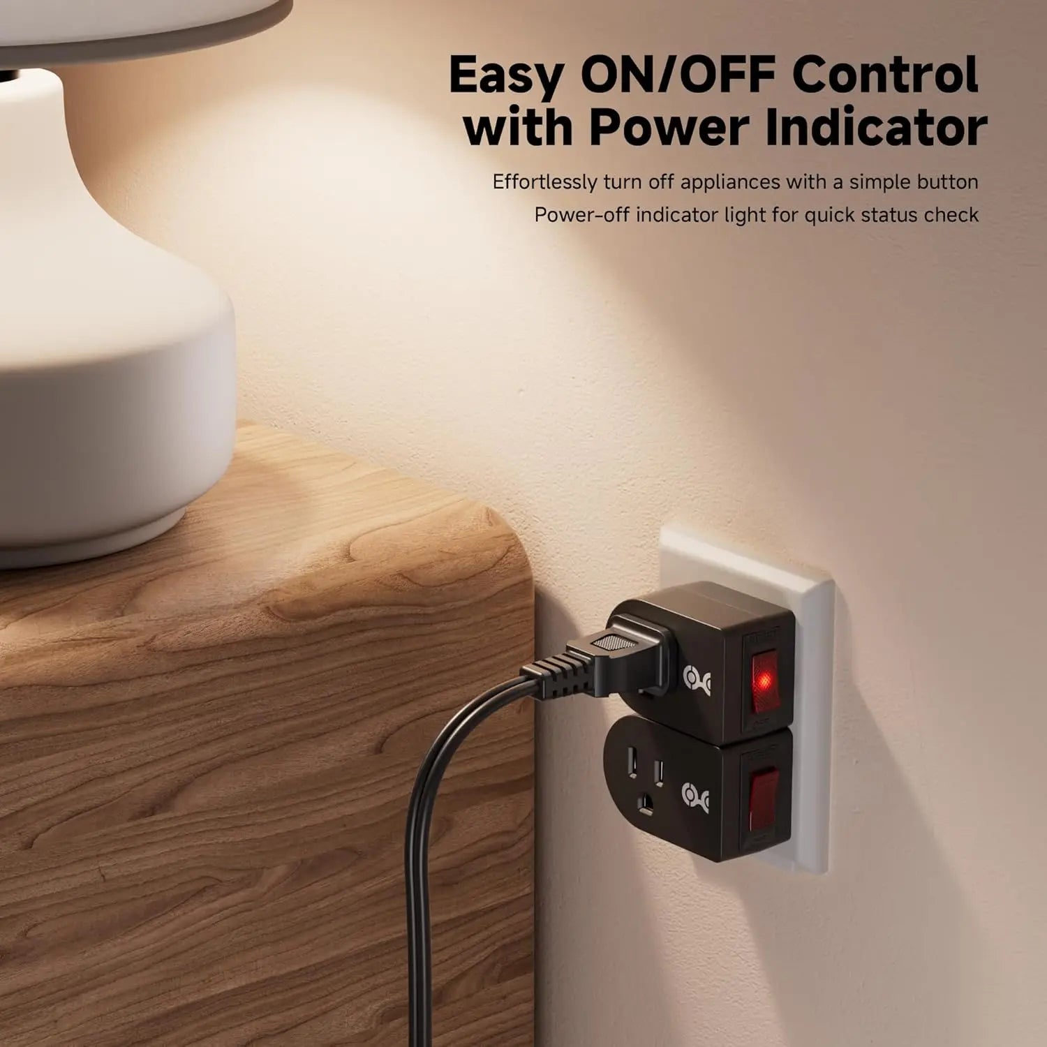 3-Pack Grounded Outlet Switch with On/Off Button, Black - Safe Energy-Saving Adapter