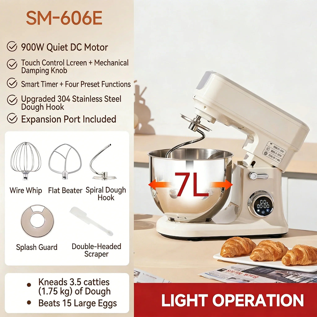 SUNATUR SM-606E Stand Mixer 900W 7L Electric Kitchen Mixer with 11 Speeds & Timer, Ultra-Quiet Dough Mixer for Home Baking