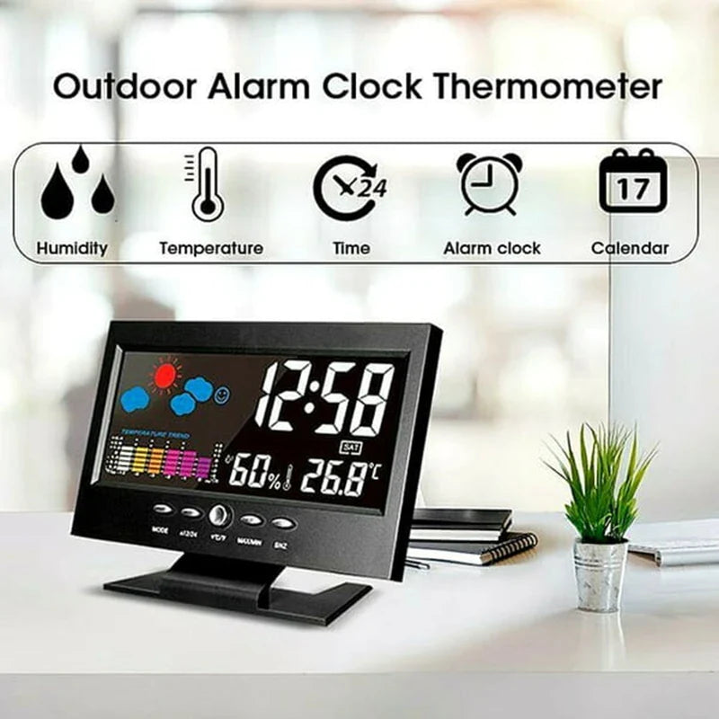Digital LED Weather Station Temperature & Humidity Monitor With Forecast Display & Table Alarm Clock Large Screen Weather Clock