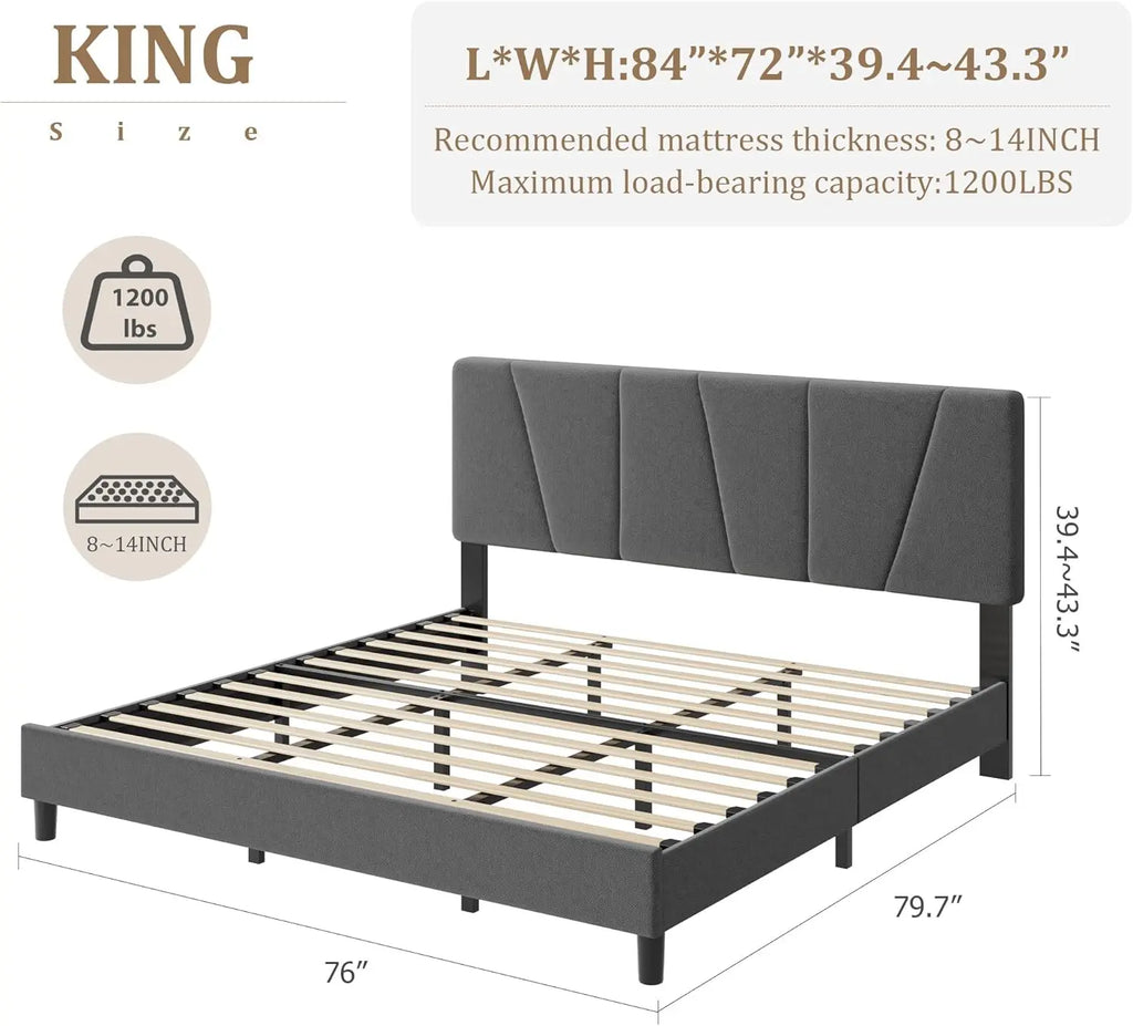 Adjustable Headboard King Size Bed Frame with Linen Upholstery, Sturdy Wooden Slats, Easy Assembly