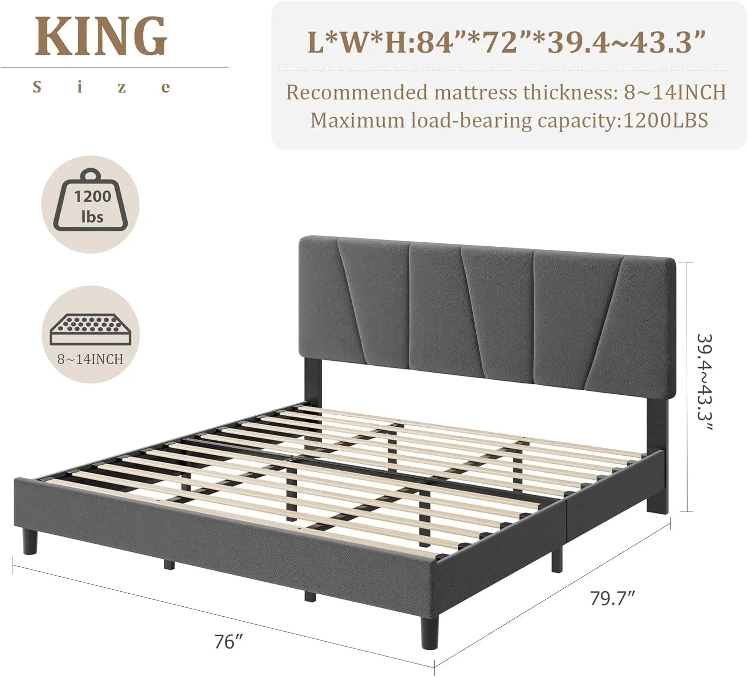 Adjustable Headboard King Size Bed Frame with Linen Upholstery, Sturdy Wooden Slats, Easy Assembly