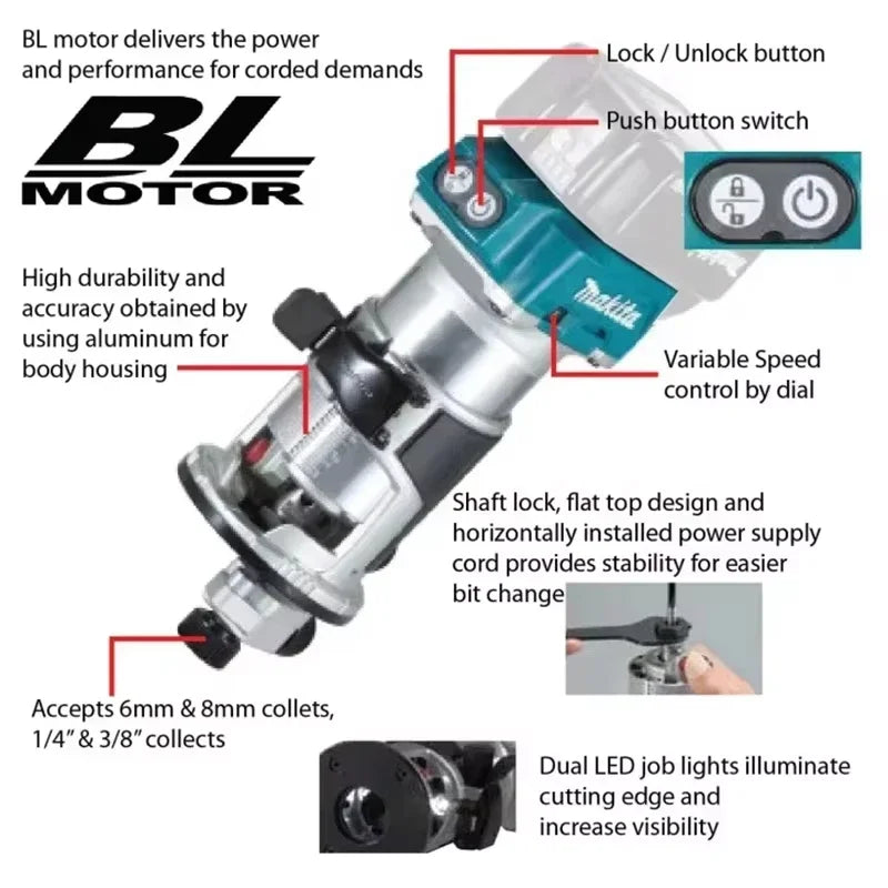 Makita DRT50 Original Cordless Trimmer Rechargeable Trimming Machine Brushless Slotting Tool Milling Woodwork Engraving Machine