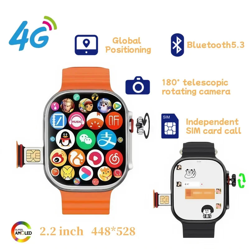 CDS9 Smartwatch 2.2-inch Amoled 448*528 Screen rotating Camera GPS WIFI 4G SIM Card App Download Men's and Women's Smartwatch