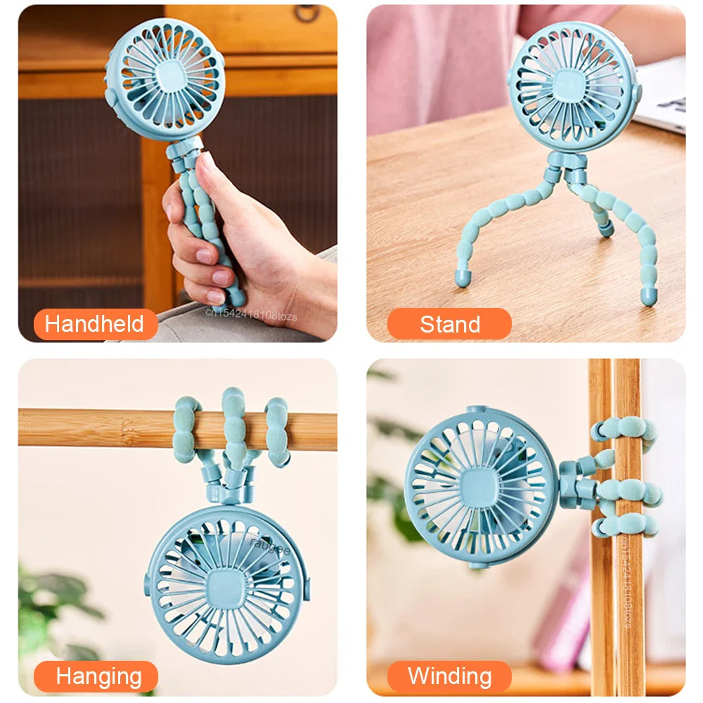 Octopus Fan Mini Flexible Tripod Cooler Fan Portable 360° Rotate Handheld Desk Fan for Stroller Bike Travel Winding Vertical Fan