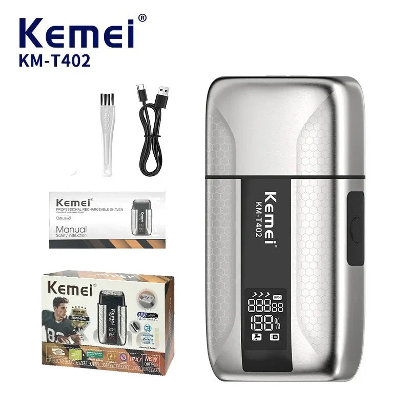Kemei T402 UV-Disinfecting Metal Double-Foil Shavers Professional Barber Reciprocating Razor for Men Bald Head Shaving Machine