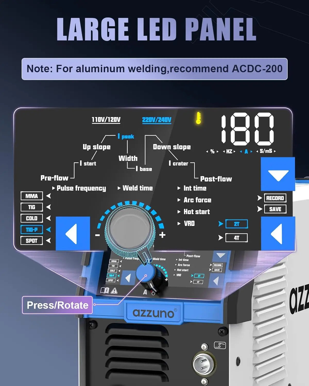 180Amp TIG Welder with Pulse & Cold Modes, Large LED Display, 5-in-1 DC HF/Stick Welding, Dual Voltage 110V&220V