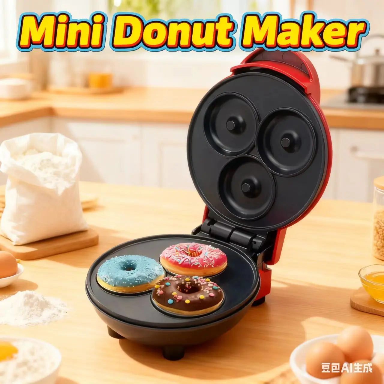 Mini home donut making machine, double-sided heating, non stick coating fast production, DIY breakfast for families and children
