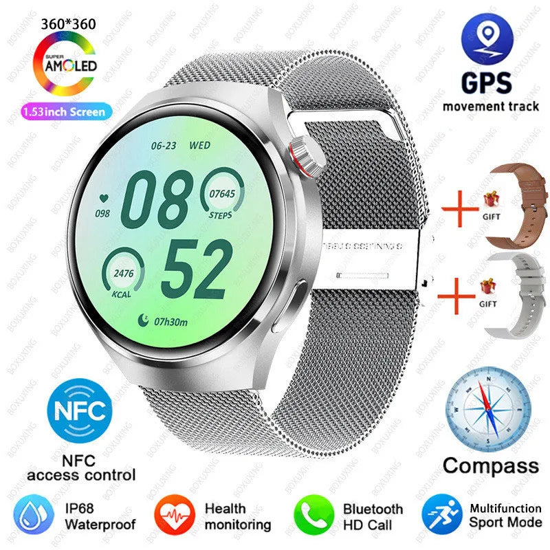 BOXUXING Watch 4 Pro Smart Watch Men GPS Sports Tracker NFC  1.53" HD Screen Health Monitor Watches Bluetooth Call SmartWatch