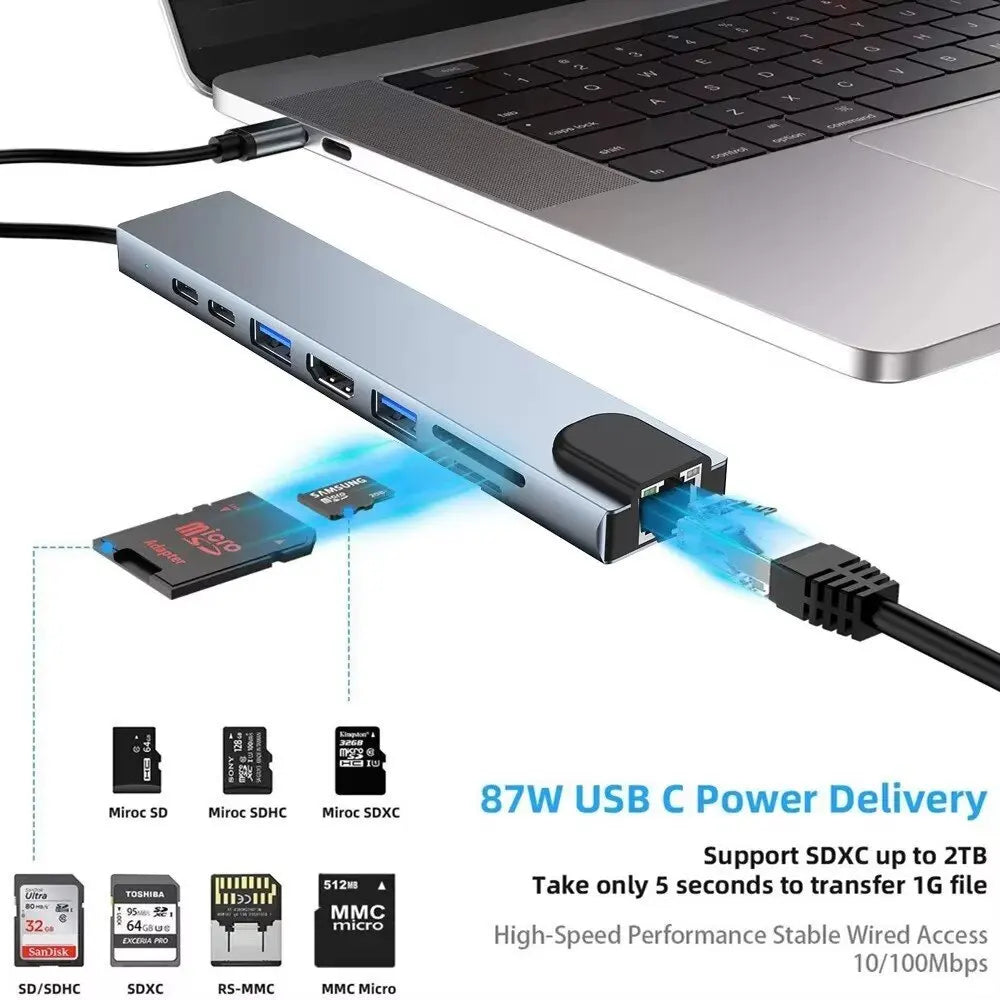 USB 3.0 Type C HUB USB C Docking Station to HDMI 4K 30HZ Type C to RJ45 100Mbps Ethernet Adapter VGA Extender Headphone PD 100W
