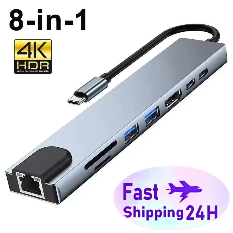 For Macbook Air M1 iPad Pro RJ45 HDMI-Compatible 8 in1 USB C HUB 3.0 Type C Splitter 4K Docking Station Laptop Adapter PD SD TF