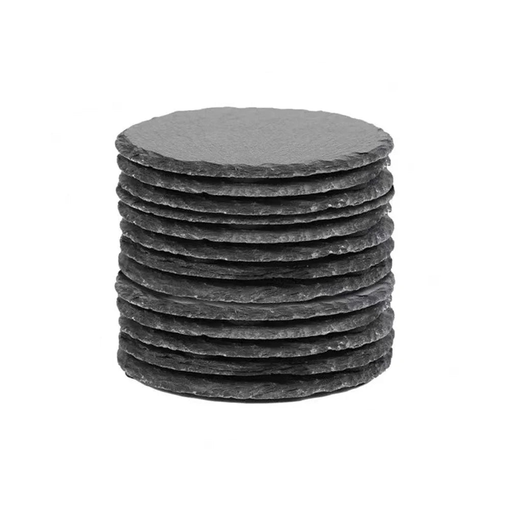 10Pcs Natural Slate Drink Coasters Round Black Stone Insulation Cup Coaster for Coffee Table, Home Kitchen, Bar