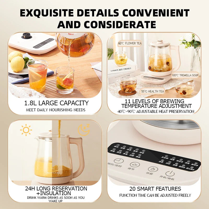 SUNATUR Kettles Electric Glass 220V Multifunction Health Pot Milk Fruit Tea Coffee Water 800W 24-hour Heat Preservation