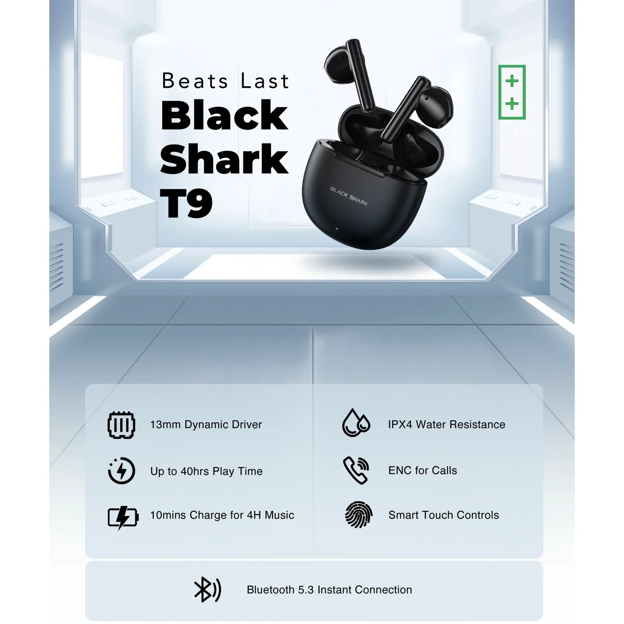 Black Shark Lucifer T9 Wireless Earphones, TWS Bluetooth 5.3 Gaming Earbuds, 40h Playback 13mm Dynamic Driver IPX4 Waterproof