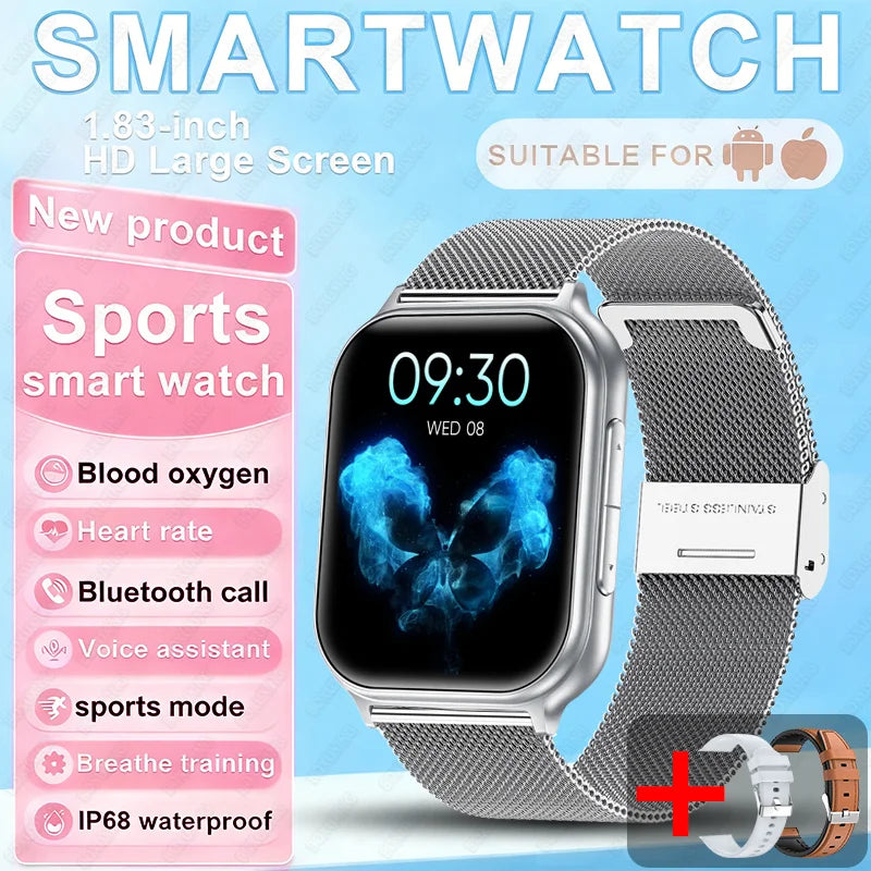 2026 New Fashion 1.83'' Smart Watch Men Women Bluetooth Call Heart Rate Monitor Voice Assistant Multiple Sports Modes Smartwatch