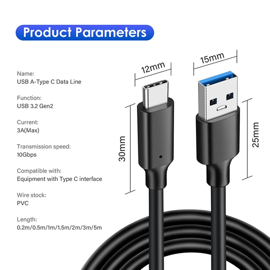USB 3.2 10Gbps Type C Cable USB A to Type-C 3.2 Gen2 Cable Data Transfer USB C SSD Hard Disk Cable 3A 60W QC 3.0 Fast Charging
