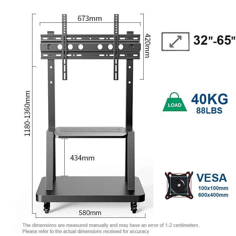 Mobile TV Cart, Rolling TV Stand for 32-75inch TVs with Lockable Wheel,Height Adjustable TV Stand with Wheels Max VESA 600x400mm
